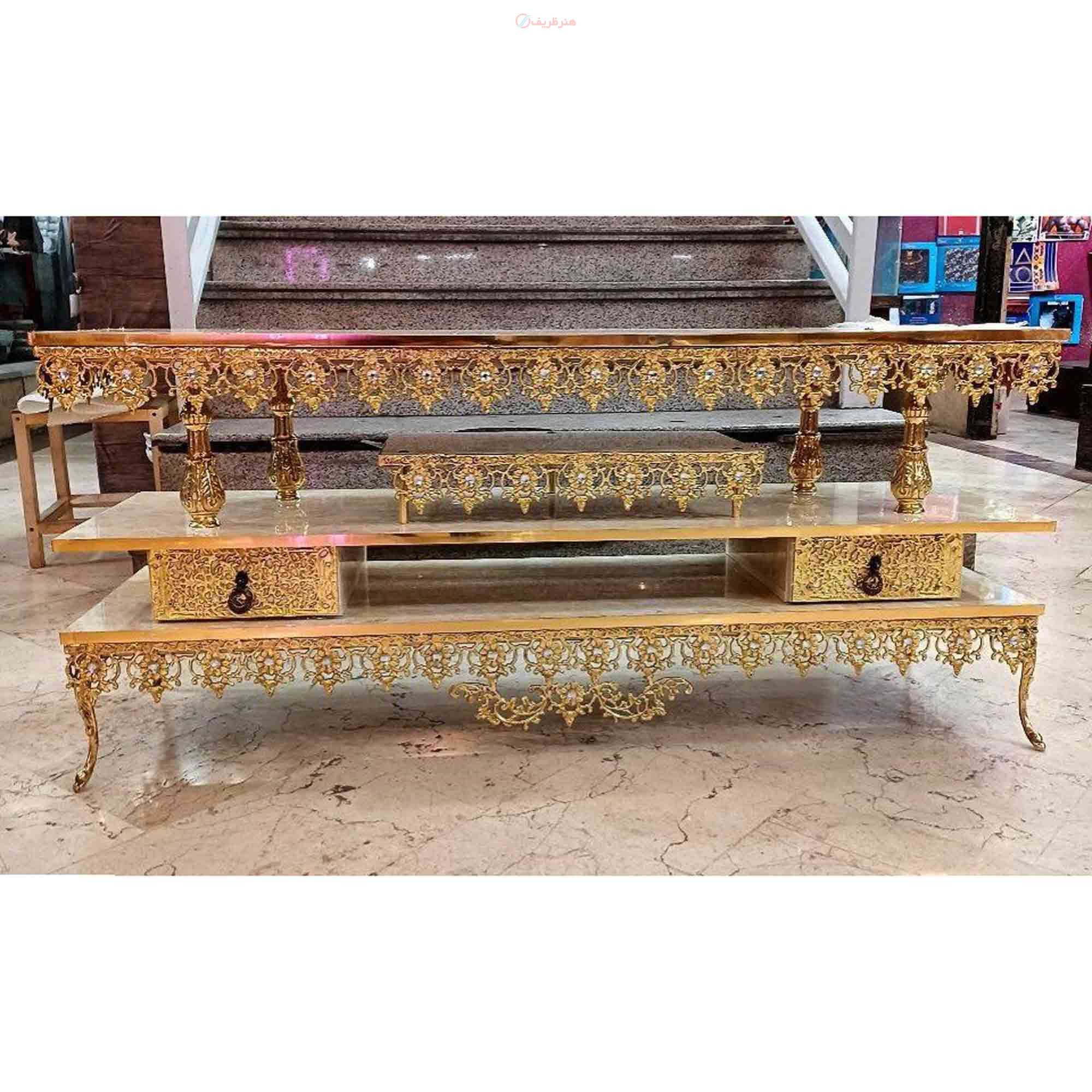 خرید میز تلویزیون برنزی طول 120، دارای دو کشو طرح گل آفتابگردان و صفحه هایگلاس| هنرظریف