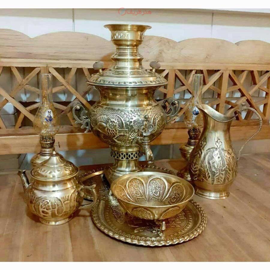 سماور زغالی برنجی 7 لیتری با سرویس کامل، قلمزنی دست، ضخیم و قابل استفاده