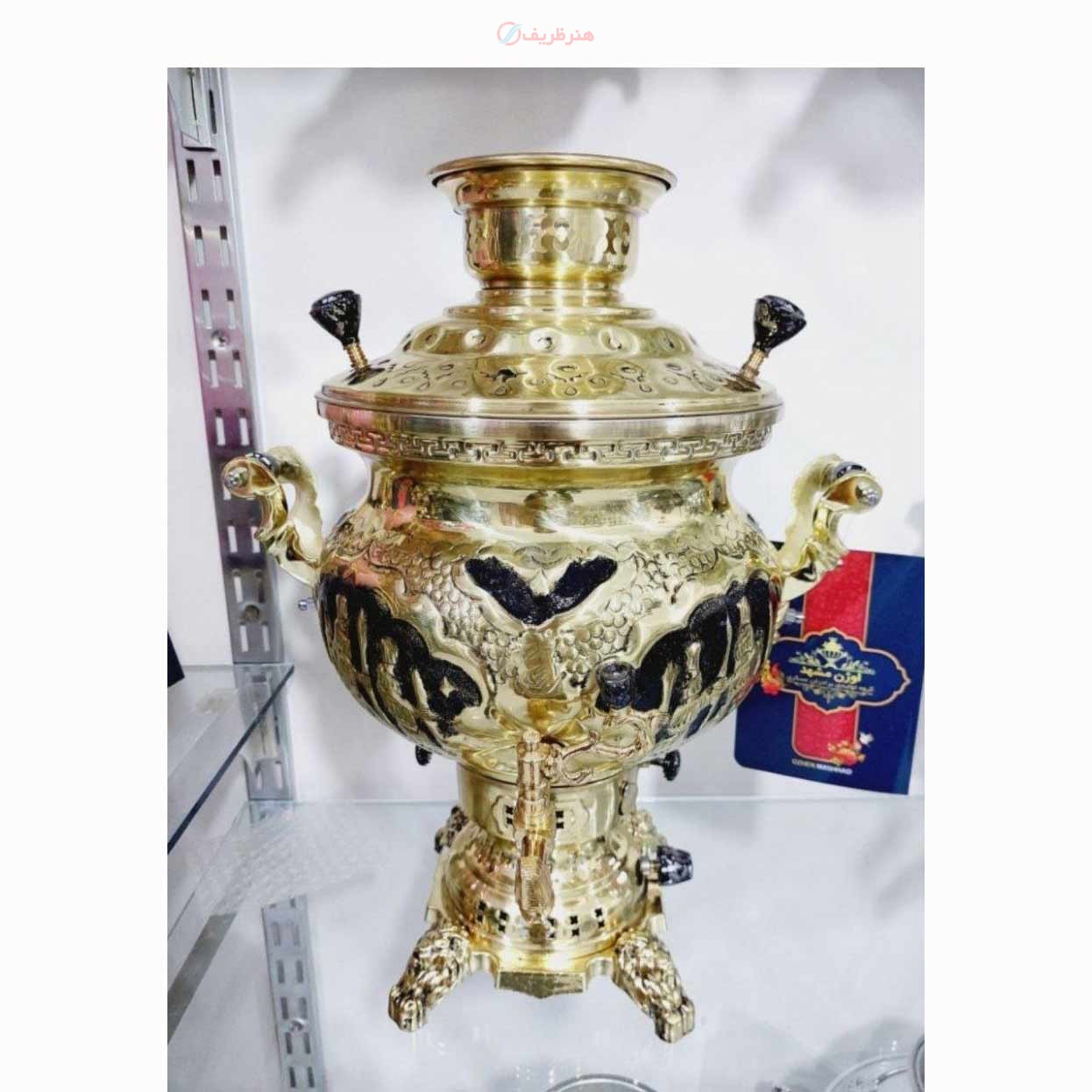 سماور ۸ لیتری مهسان گازی برنجی، سیاه قلم سرباز، استفاده شده از ورق ضخیم - هنرظریف