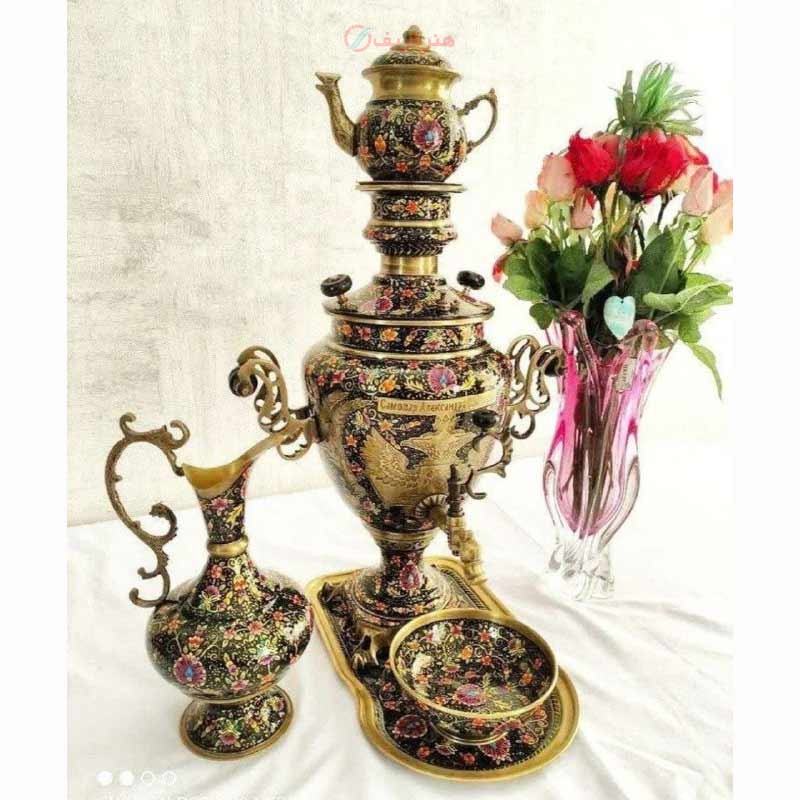 سرویس سماور زغالی برنجی 7 لیتری زغالی میناکاری با روکش پلی استر