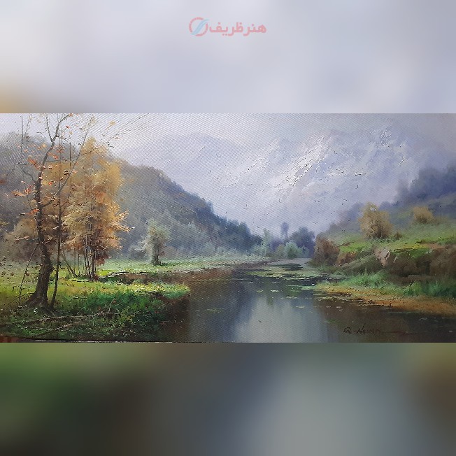 تابلو نقاشی یکروز کوهستانی زیبا با تکنیک رنگ روغن