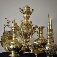 خرید، قیمت و مشخصات سرویس سماور برنجی دکوری 3.5 لیتری با قلمزنی عالی و درجه یک و روکش کوره ای | هنرظریف