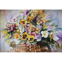 خرید، قیمت و مشخصات نقاشی آبرنگ با عنوان گلهای بنفشه، پاسپارتوی شیری همراه قاب فلزی | هنرظریف