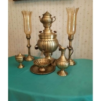 خرید، قیمت و مشخصات سرویس 5 تکه سماور برنجی زغالی 6 لیتری مدل خطی دسته خواب با مناسب ترین قیمت  | هنرظریف