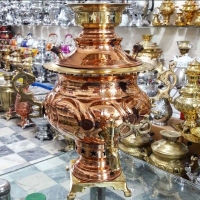 خرید، قیمت و مشخصات سماور ذغالی ۴ لیتر ورق مس و برنج، مس خالص باهنر کرمان لبه ریخته گری برنجی | هنرظریف