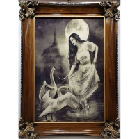 خرید، قیمت و مشخصات تابلو فرش دستبافت تبریز با عنوان زن و قوها، جنس کلک و ابریشم اثر استاد عاقلی | هنرظریف