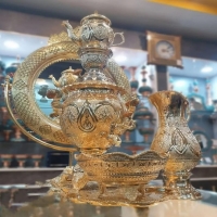 خرید، قیمت و مشخصات سماور برنجی 4 لیتری آبکاری طلای 24 عیار با کیفیت عالی زیر قیمت بازار | هنرظریف