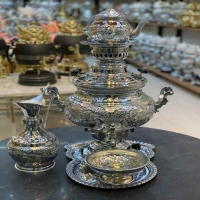 خرید و قیمت جدیدترین سرویس کامل سماور برنجی گازی 8 لیتری با رنگ ثابت - هنرظریف