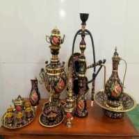 قیمت سرویس کامل 5 تکه سماور برنجی، آفتابه لگن، قلیان و چایخوری میناکاری برنجی - هنرظریف
