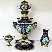 خرید، قیمت و مشخصات سرویس سماور برنجی میناکاری، چایخوری و آفتابه لگن 6 لیتری دست ساز - هنرظریف