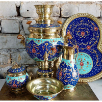 سماور برنجی پرداز گل و بوته ۴ لیتری با قوری | هنرظریف
