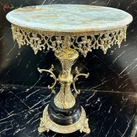 خرید آنلاین، میز اسلیمی گرد برنزی، طرح ستون زنبوری، صفحه و پایه از جنس سنگ مرمر، فوق العاده زیبا، زیر قیمت بازار | هنرظریف