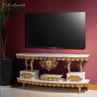 خرید آنلاین، میز تلویزیون آلیاژی طرح هلالی با صفحه ام دی اف و رنگ طلایی و ضمانت کیفیت، زیر قیمت بازار | هنرظریف