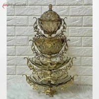 خرید آنلاین، سرویس کریستالی چهار تکه شامل شیرینی خوری آجیل خوری میوه خوری و شکلات خوری، رنگ فورتیک با پایه های طلایی برنزی، زیر قیمت بازار | هنرظریف