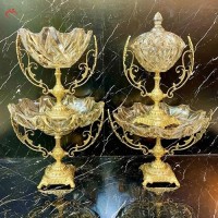 خرید آنلاین، ست پذیرایی برنزی میوه خوری آجیل و شکلات خوری به رنگ طلایی با بدنه کریستال طرح امگا قالب دایکاست، به قیمت مناسب | هنرظریف