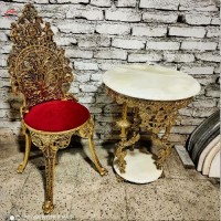 خرید آنلاین، میز 3 پایه ی برنزی لاکچری طرح فرشته کار شده با صندلی طرح کلاسیک از جنس آلیاژ، بسیار شیک و بادوام دارای گارانتی، زیر قیمت بازار | هنرظریف