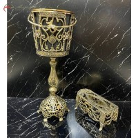 خرید آنلاین، جا دستمال کاغذی و سطل ستونی برنزی در طرح گل نرگس طلایی رنگ، پایه دار و شیک، با قیمت عالی | هنرظریف