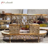 خرید آنلاین، میز تلویزیون پر کار برنزی در طرح گل آفتاب گردان دارای چهار کشو، بسیار شکیل و خاص دارای ضمانت، زیر قیمت بازار | هنرظریف