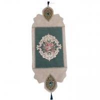 خرید، قیمت و مشخصات رومیزی مستطیل سنگ دوزی پارچه مخمل  B-9، طرح خاص چشم نظر با سنگ های بسیار زیبای طلایی | هنرظریف